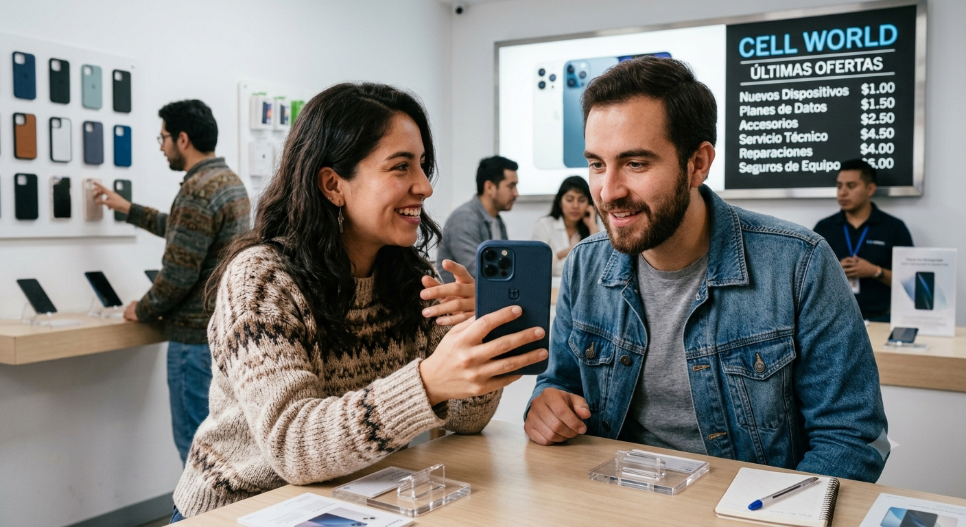 Dos personas realizando una venta con un smartphone en una tienda de celulares