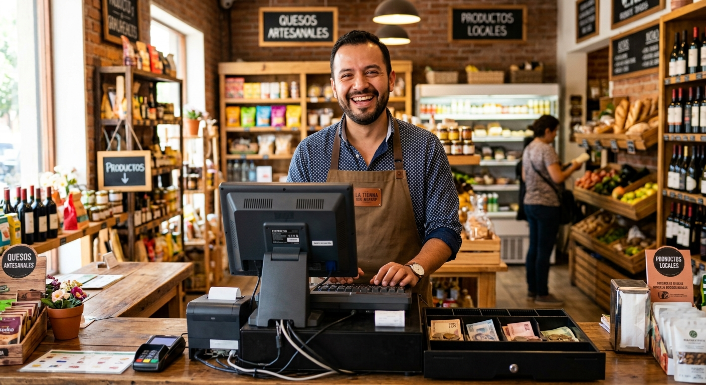 Comerciante sonriente en el mostrador de su tienda usando Saldo Pago